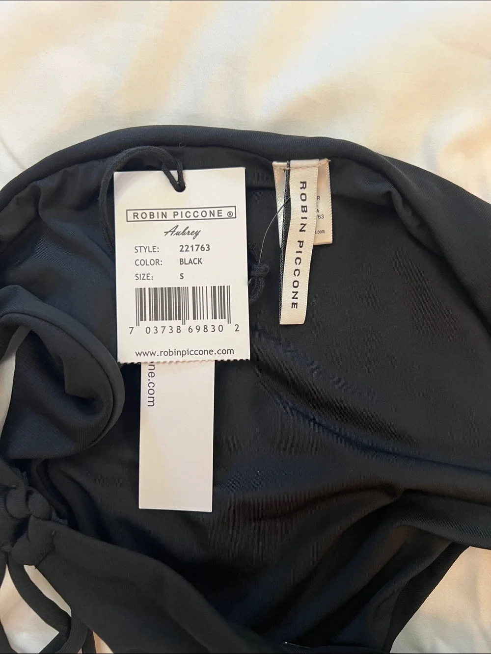 NEW Robin Piccone Aubrey Loop Tie Side Bikini Bottom Black Style 221763 Small